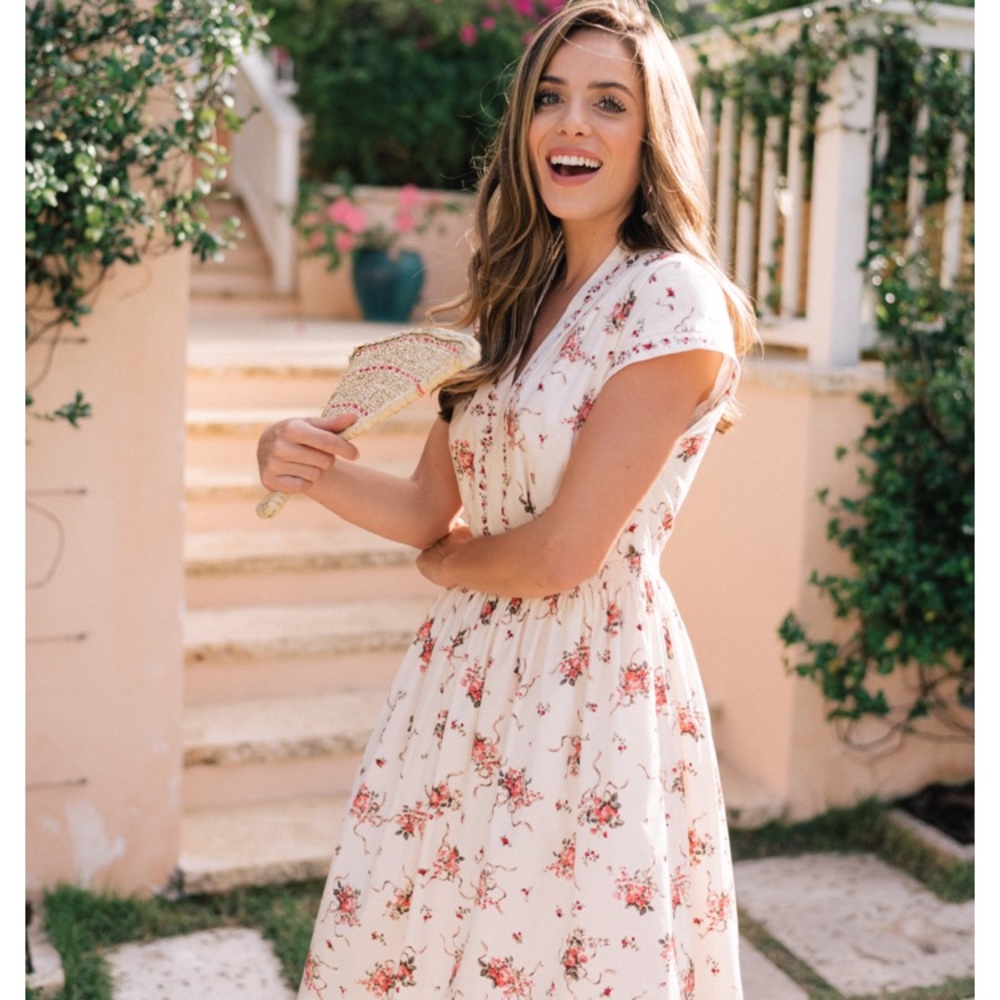 Gal Meets Glam Cream Floral Midi Dress with Pink Roses